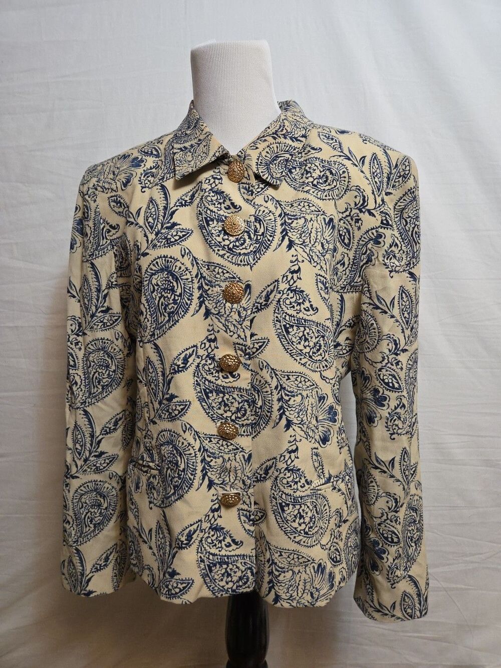 Jones Wear Women's Size 10 Blazer Blue Beige Paisley Gold Button Vintage 90s